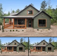 this is an image of the front and side of a small cabin style home in the woods