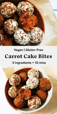 vegan gluten - free carrot cake bites in a bowl with the title above it