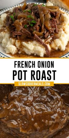 French onion pot roast over a plate of potatoes. Rump Roast Crock Pot Recipes, French Onion Pot Roast, Top Round Roast Recipe, Roast Beef Crock Pot Recipes, Crockpot Pot Roast, Crockpot Roast Recipes, Classic Roast, Pot Roast Crock Pot Recipes, Chuck Roast Recipes