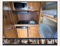 an rv kitchen with sink, stove and microwave in the back ground is shown on this page