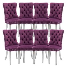 six purple velvet dining chairs with white legs