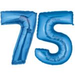 the number 75 is made out of blue foil and it looks like an air filled balloon