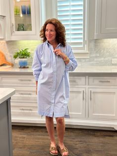 This playful dress is perfect for any casual occasion, with a fun blue stripe design and neon stitch detailing. Stay stylish and comfy with this casual chic dress. One size fits most- fits a size 4-12 best. Oversized relaxed fit. Cotton Poplin. 100% Cotton Cathleen is 5’4” Spring Striped Loungewear Dress, Striped Oversized Dresses For Daywear, Relaxed Fit Striped Shirt Dress For Daywear, Casual Chic Dress, Sweater Blazer, House Dress, Chic Dress, Blazer Coat, Hat Hairstyles