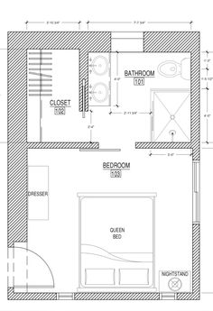 the floor plan for a bedroom and bathroom in a house with an attached shower area