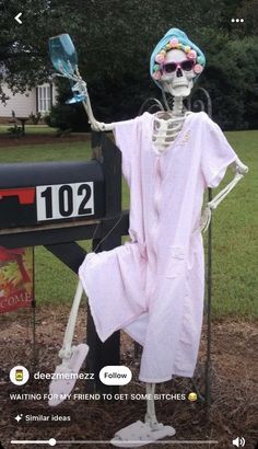 a skeleton dressed in pink is standing next to a mailbox