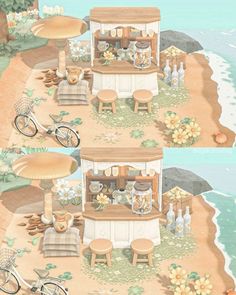 an illustration of a beach side cafe with bicycles parked in front of it and flowers growing on the ground