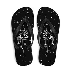 These Witchy Goth flip-flops are different and fun.  Prepare for an adventurous and carefree summer with a pair of goth slippers that are created just for you! The rubber sole is lined with a soft fabric to make sure you feel comfortable wherever your day takes you. * Rubber sole * Customizable 100% polyester fabric lining * Black Y-shaped rubber straps * Toe post style This product is made especially for you as soon as you place an order, which is why it takes us a bit longer to deliver it to y Fun Black Flip Flops For Beach, Fun Black Flip Flops For Vacation, Fun Black Flip Flops For Summer, Fun Black Sandals For Vacation, Shoes For Summer, Witchy Goth, Goth Shoes, Goth Subculture, Summer Goth