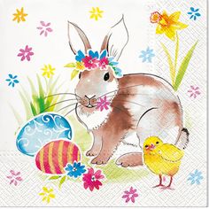 a paper napkin with an image of a bunny and easter eggs on the side, surrounded by flowers