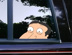 a cartoon character looking out the window of a car