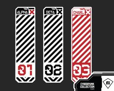 three red and black striped stickers are next to each other on a gray background