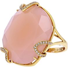 Cruise through the crest of creativity with the mesmerizing 18K Yellow Gold Pink Chalcedony Ring, a radiant expression of elegance and sophistication. This enchanting ring features a stunning Pink Chalcedony main stone, boasting a total carat weight of 32.35 Carats, exuding a captivating blush hue that symbolizes love and tenderness.Encircling the magnificent Pink Chalcedony are delicate accents of sparkling diamonds, totaling 0.14 Carats, set in the lustrous 18K Yellow Gold band. The contrast between the soft pink gemstone and the shimmering diamonds creates a harmonious blend of color and brilliance, making this ring a true statement piece.Perfect for adding a touch of luxury to any ensemble, this ring is a timeless treasure that transcends trends. Whether worn as a symbol of affection o Pink Elegant Rings With Single Cut Diamonds, Elegant Pink Rings With Single Cut Diamonds, Elegant 14k Gold Diamond Ring With Gemstone Accents, Freeform Ring, Pink Chalcedony, Chalcedony Ring, Yellow Gold Jewelry, Pink Gemstones, Timeless Treasures