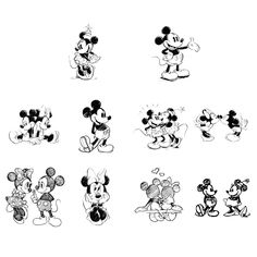 several mickey mouses are shown in black and white