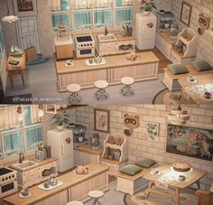 two pictures of the same kitchen and dining area