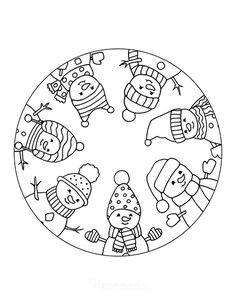 a black and white drawing of children in winter clothes on a circle with snowflakes