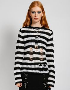 Black And White Stripe Sweater, Chain Skirt, Skull Clothing, Tripp Nyc, Sweater White, Knitwear Design, Peek A Boo, Striped Sweater, Fall Shirts