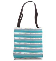 a blue and white striped tote bag