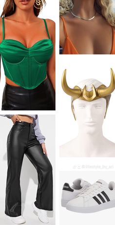 a woman wearing black leather pants and a green bra top with gold horns on her head