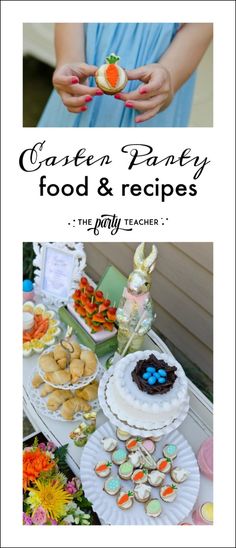 a table topped with cakes and desserts next to a sign that says casteen party food & recipes