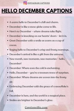 a pink and blue poster with the words hello december captions on it's side