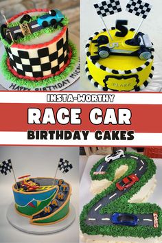 birthday cakes made to look like race cars are featured in this collage with the number two