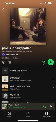 an iphone screen showing the music player for harry potter and hermionery potter