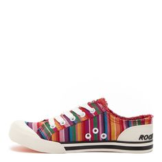 This colorful striped sneaker will steal the show and is a sure way to brighten your day and wardrobe! The classic sneaker style of a white rubber toe cap has been kicked up one giant notch with a rainbow striped cotton upper. Rainbow striped upper Vulcanized Lace-Up Casual Sneaker Soft Cotton Lining And Footbed Rubber Sole Plush Foam Comfort Insole Knee High Boots Winter, Rainbow Sneakers, Rocket Dog Shoes, Sneaker Style, Rocket Dog, Trending Boots, Trending Sneakers, New Sneakers, Classic Sneakers