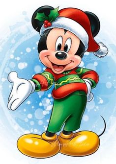 a mickey mouse wearing a santa hat and holding his hand out to the side with snowflakes in the background