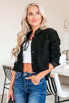 Urban Corduroy Cropped Shirt - Black, Closet Candy, 1 Casual Black Denim Shirt, Black Denim Collared Shirt, Black Denim Shirt For Fall, Black Denim Button-up Shirt, Black Long Sleeve Denim Shirt, Black Denim Tops For Workwear, Short Dresses Party, Cropped Shirt, Fit Details