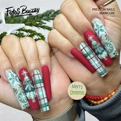 Click here to view more Fofosbeauty Press On Nails at lower price! Limited Edition Christmas Design Nails Decoration are here, with glossy extra-long stiletto shaped nails! Spare yourself a schlep to the salon with DIY false nails that also save you time and money. Wickedly chic one-of-a-kind manicures will make you look spellbindingly beautiful in a snap. Created exclusively for Fofosbeauty by top professional nail artists and social influencers, you wont find these styles anywhere else. Fofosb Fake Acrylic Nails, Red Christmas Nails, Festive Nail Art, Cute Christmas Nails, Nagel Tips, Christmas Nails Acrylic, Festival Nails, Xmas Nails, Christmas Nail Designs