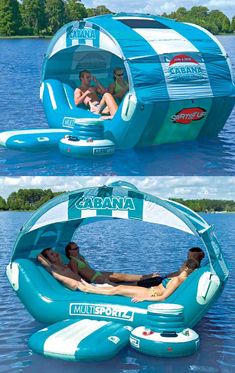 an inflatable boat floating on the water with two people inside it and another person sitting