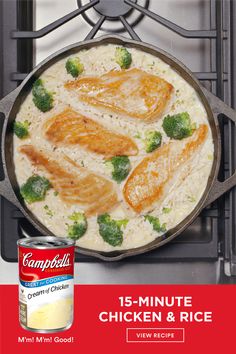 chicken and rice cooking in a skillet on the stove with campbell's logo