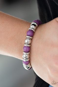 A collection of silver accents and vivacious purple stones are threaded along a stretchy band for a seasonal look. Sold as one individual bracelet. P9SE-PRXX-094XX Purple Bracelets, Paparazzi Accessories Jewelry, Purple Bracelet, Trendy Fashion Jewelry, Purple Agate, Silver Bead Bracelet, Box Accessories, Paparazzi Accessories, Stretchy Bracelets