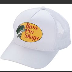 Bass Pro Shops White Trucker Hat. Nwt Bass Pro Shop Hat, Mowing The Lawn, Bass Pro Shop, Mens Hats Baseball, Mens Trucker Hat, Mesh Hat, Fishing Hat, White Caps, Mesh Cap