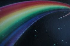 a painting of a rainbow in the sky with stars and space around it, painted on black paper