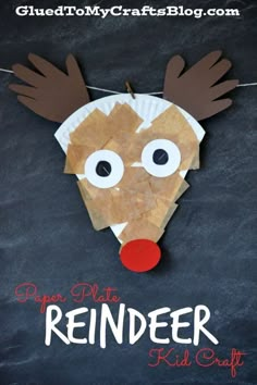 paper plate reindeer craft for kids on a blackboard with the title, paper plate reindeer kid craft