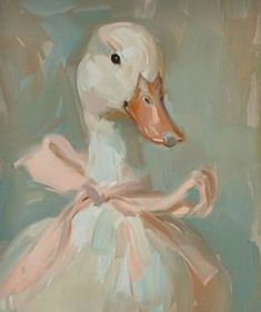 a painting of a duck wearing a white dress with pink ribbon around its neck and head