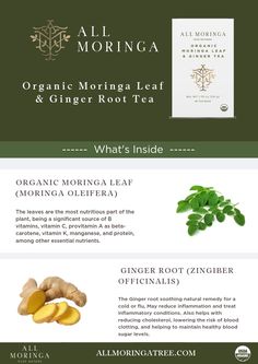 organic moringa leaf tea with ginger root Beta Carotene, Vitamin K