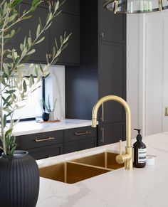 a kitchen with black cabinets and gold faucet