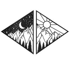 two triangles with mountains and stars in the sky, one has a sun on it