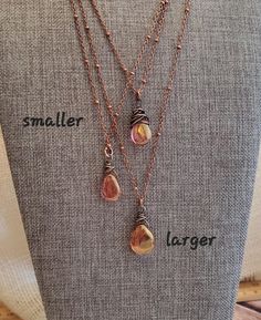 Rustic Picasso Copper Czech Glass Teardrop Pendant Necklace wrapped in Copper on with Copper Satellite Chain--two sizes!! Gorgeous translucent rustic copper Picasso style Czech glass glass teardrops!! I designed in two styles--Style A and C have less wire. Styles B and D have more wire. Image #2 shows the size and bead coloring best side by side. Do you see the two sizes? The larger teardrop beads have been sold out everywhere and to my knowledge are no longer being manufactured, but I just foun Copper Necklace Handmade, Adjustable Teardrop Crystal Necklace, B And D, Picasso Style, Copper Glass, Oxidized Copper, Teardrop Beads, Teardrop Necklace, Teardrop Pendant