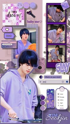 an image of a boy with blue hair and purple clothes in front of a collage