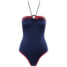 GUCCI c.1980’s Blue Red Trim High Hip Ring Halter One Piece Bathing Swim Suit Circa: 1980’s Label(s): Gucci Style: One piece halter bathing suit Color(s): Blue and red Lined: No Marked Fabric Content: "80% nylon, 20% elastane” "Lycra” Unmarked Fabric Content (feel of): Metal (hardware) Additional Details / Inclusions: Blue and red one-piece ring halter bathing swimsuit. Bathing suit with semi-raised hipline. Straight neckline with fabric covered ring center front. Decorative flap attached at lef Gucci Beachwear For Summer, 1960s Swimwear, Men Drip, Oc Au, Ring Halter, Leg Ring, Halter Neck Bodysuit, Blue Bathing Suit, Romper Swimsuit