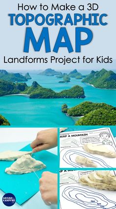 landforms activity for kids to make a topographic map of a mountain using clay and dental floss 3d Map Project, How To Make A Map, Landforms Model Projects, Map Crafts For Kids, Geography Elementary, Landforms Project, Topographic Map Activities, Landforms Activities