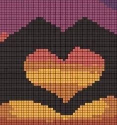 a cross stitch pattern with the shape of a heart in front of a sunset and mountains