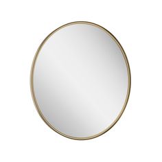 a round mirror with a gold frame on a white background, showing the reflection of an object in it