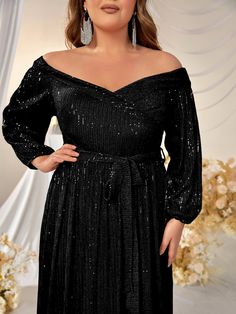 Yisikado Plus Off Shoulder Lantern Sleeve Belted Sequin Formal Dress-FMGW511-2 - Yisikado – YISIKADO Belted Party Dresses For Winter, Winter Party Dress With Belt, Black Belted Party Dress, Plus Size Gala Dress, Evening Dresses Casual, Affordable Formal Dresses, Casual Wedding Dresses, Sequin Formal Dress, Plus Size Formal