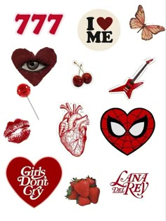 various stickers with the words i love me and heart shaped images on them, all in red