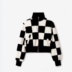 Perfect Condition. No Tags But Never Worn. This Is A Size Small And Is Not Restrictive So Runs Comfortably With Room. Falls Short. I Am 5’4” And Under It Covers Just A Bit Of The Shelf Of The Rear End. Chic White Outerwear For Streetwear, Chic Black Patchwork Outerwear, Casual Black And White Long Sleeve Outerwear, Black White Checkered, Fall Shorts, Rear End, Short I, Bomber Jackets, Faux Fur Jacket