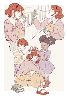 three girls and one boy are brushing their hair