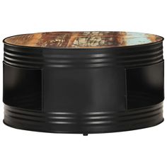 a round coffee table with an iron base and marble top in black, brown and white